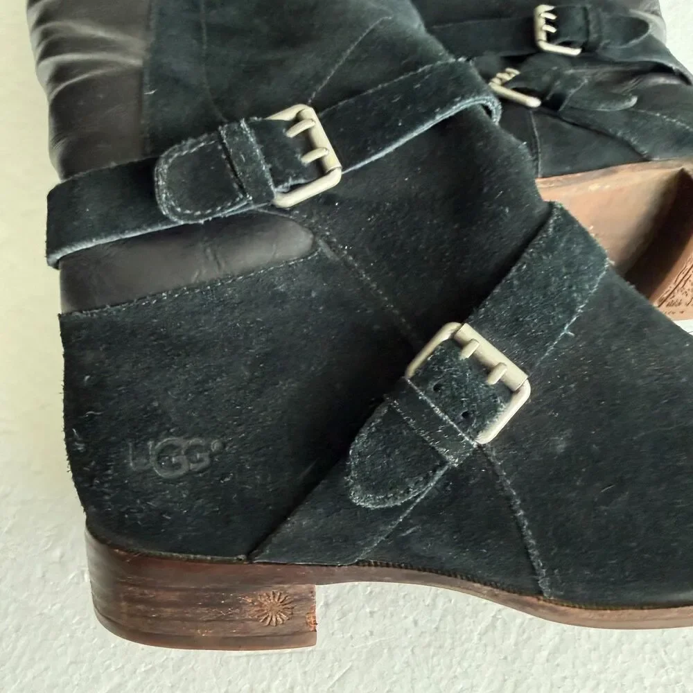 Size 9.5 - Ugg Cydnee Boots Black Leather Knee High Buckle Sheepskin Shearling - Picture 2 of 9